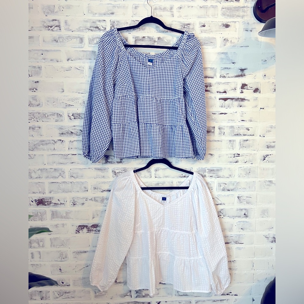 Old Navy Blue Gingham and White Peplum Blouses - Women’s Small